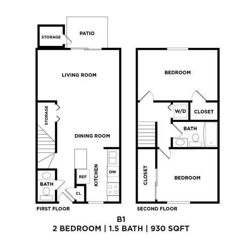 A floor plan of a 2 bedroom apartment with 1.5 bathrooms and 930 square feet.